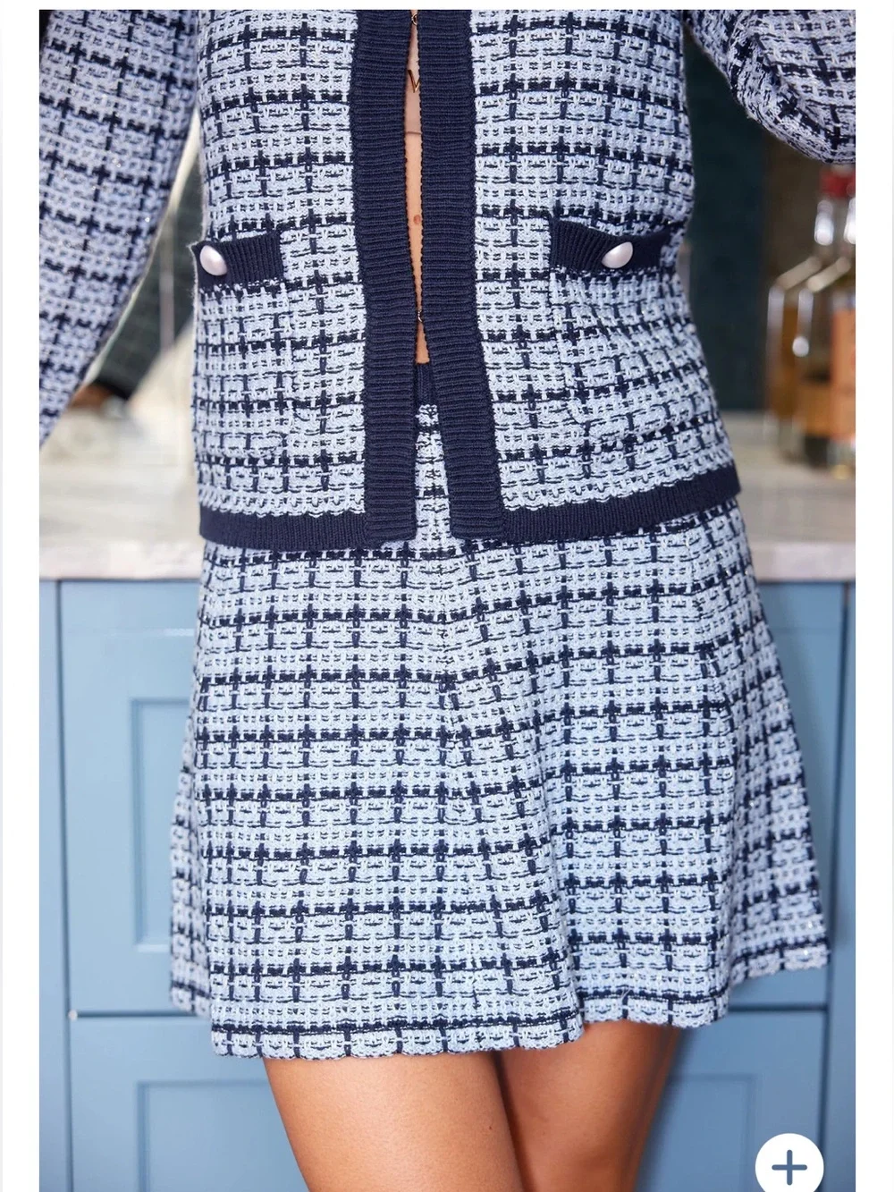 Venita Aspen x Sail to Sable Navy/faded denim Two Piece Knit Tweed Skirt Set,